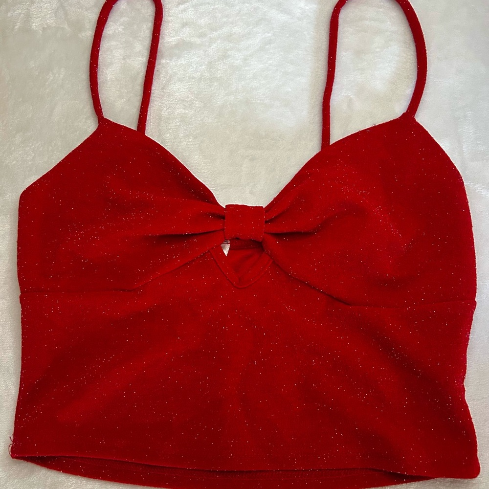 Red Glittery Bow Crop Top